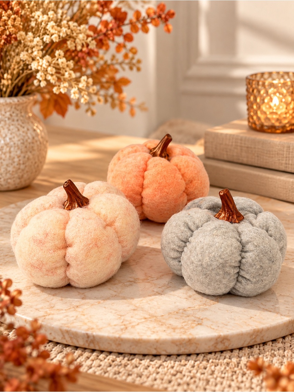 Felt Decorative Pumpkins - Peach, Blush & Gray Set